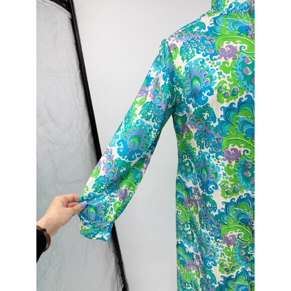 Vintage Hand Woven 100% Thai Silk Kaftan Dress S/M Mandarin Collar Psychedelic - Picture 7 of 14